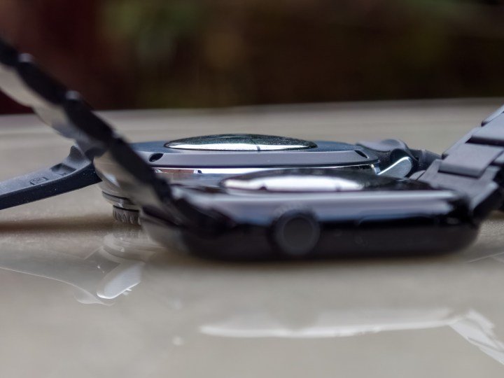 Side profile comparing the thickness of the Galaxy Watch 8 Classic and Apple Watch Series 10