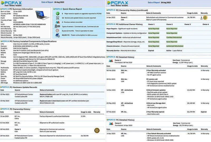 HP PCfax history report