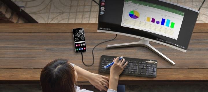 Top view of Samsung DeX connected with phone to monitor on office desk.