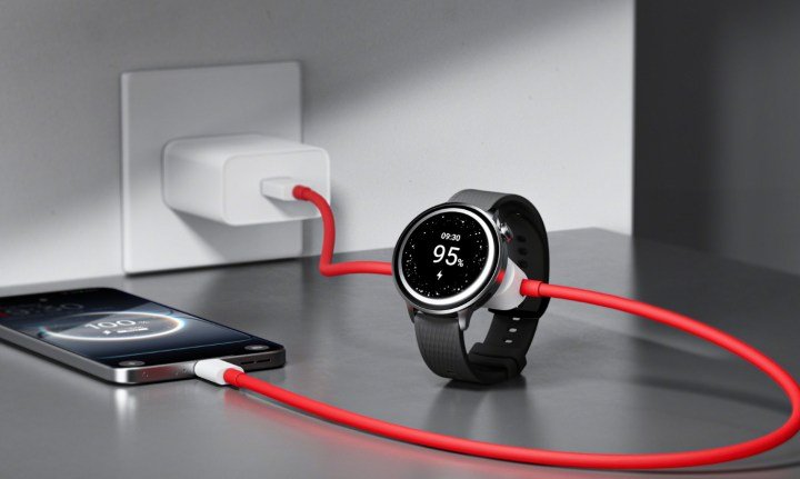 A OnePlus Watch and OnePlus smartphone connected to the 2-in-1 cable