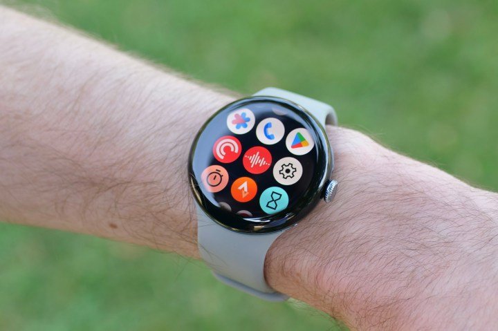Someone wearing the Google Pixel Watch 3, showing the app drawer.