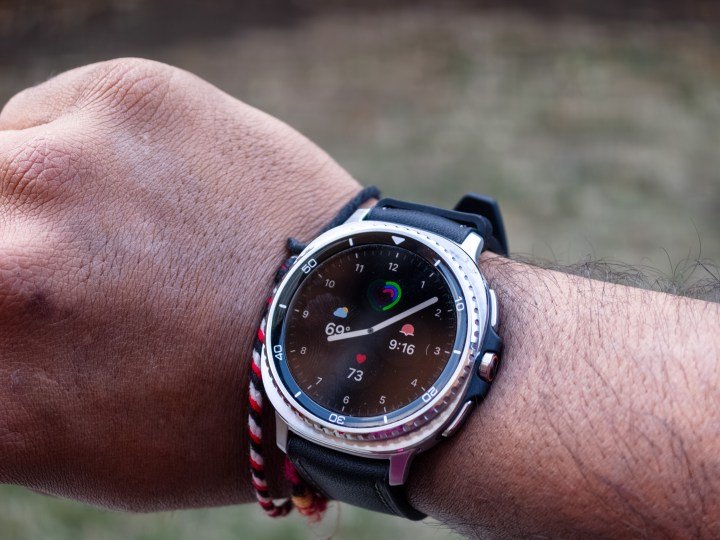 Galaxy Watch 8 Classic on the wrist displaying the home panel