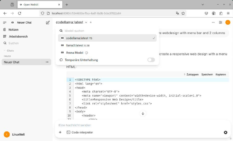 Browseroberfläche für Ollama: Open-Web-UI ist als Python-Programm oder auch in einem Docker-Container flott eingerichtet und liefert eine Bedienoberfläche nach.