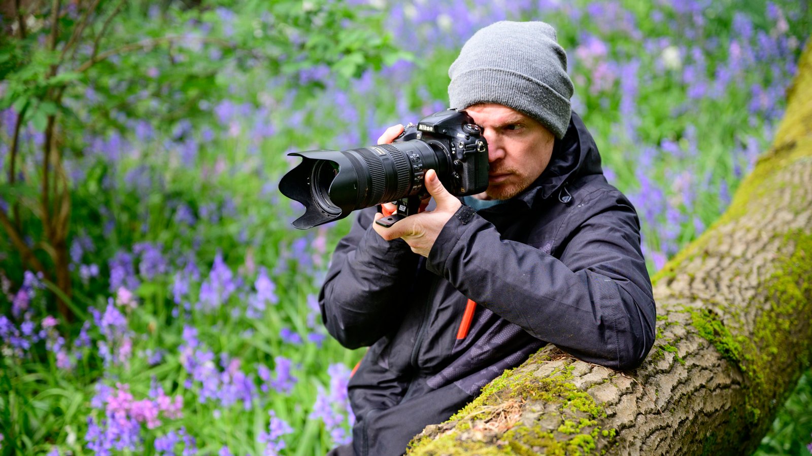 Photographer holding the Nikon D800 DSLR camera up to their eye while leaning on a tree trunk surrounded by bluebells